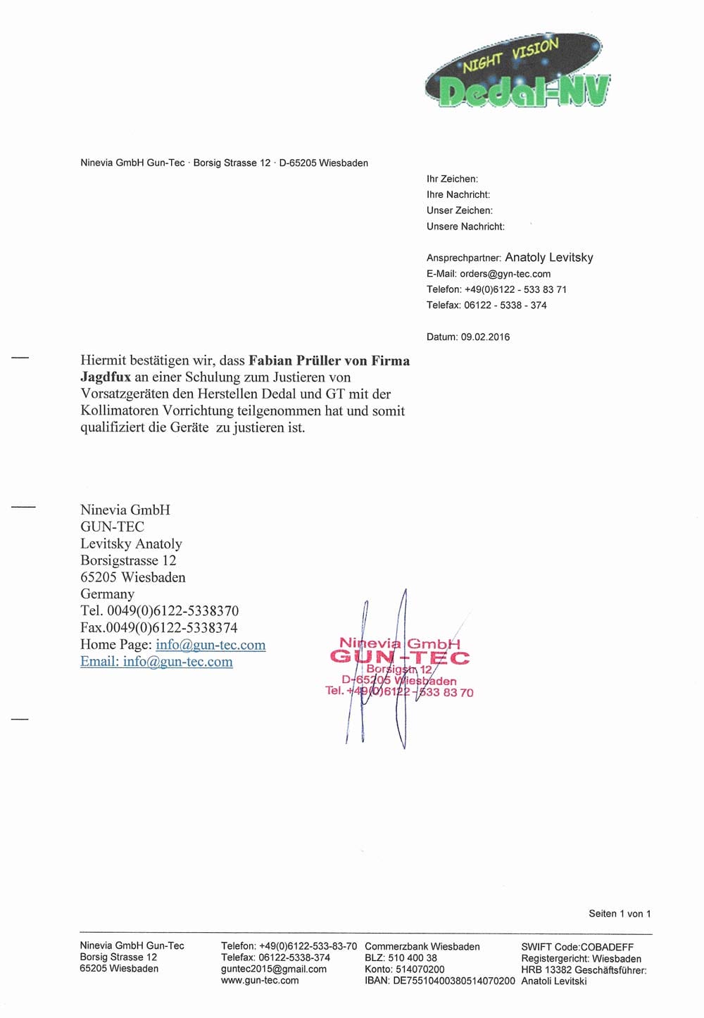 Jagdfux Zertifiakt Justierung Dedal