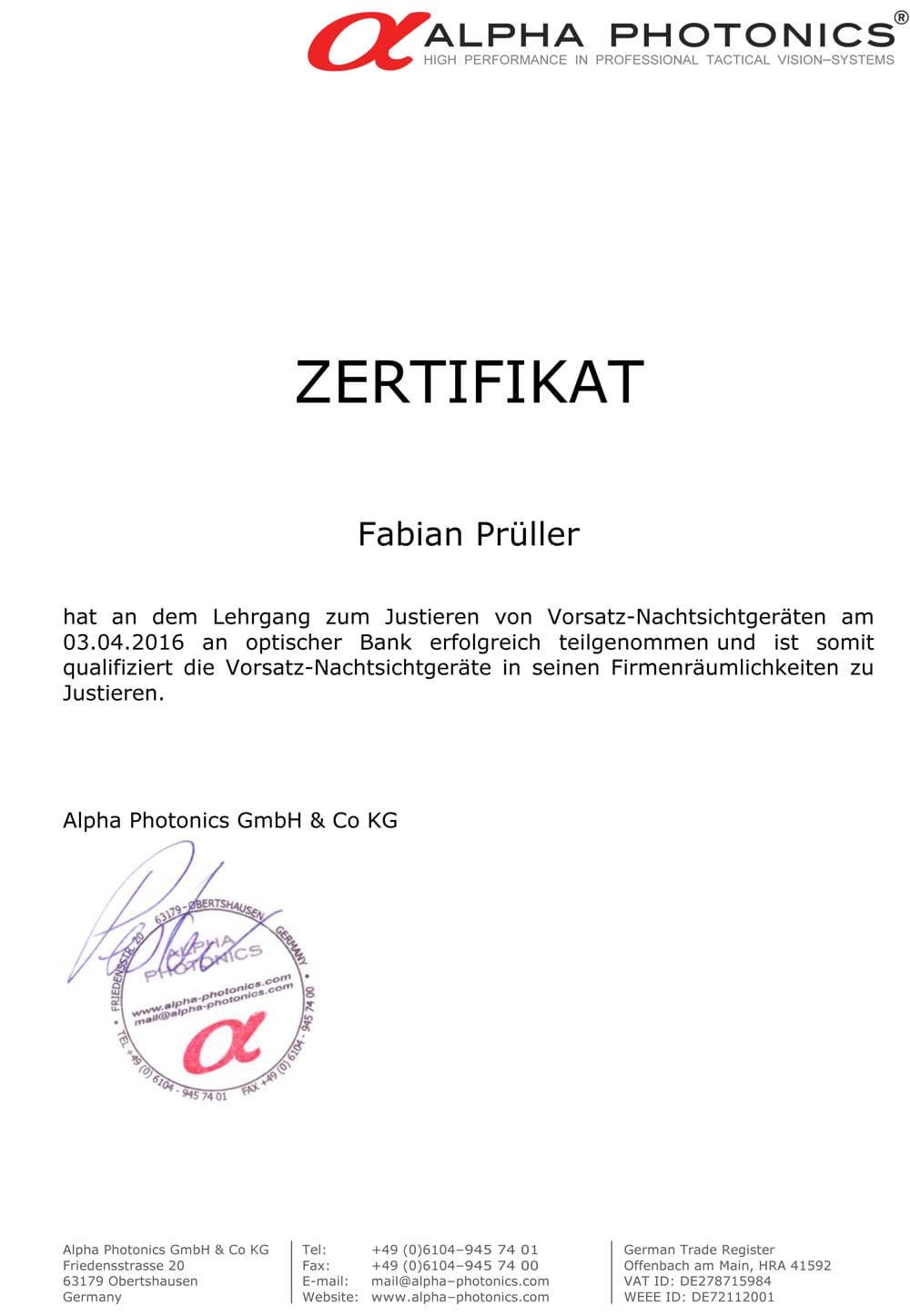 Zertifikat Justierung Alpha Photonics Zertifikat Justierung Alpha Photonics